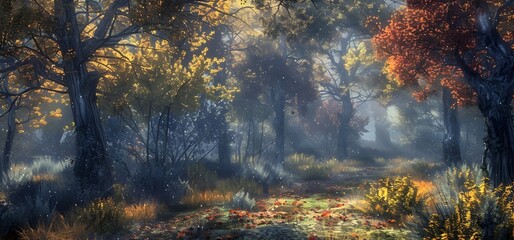 An enchanting deciduous forest in late fall, the ground covered with a thick layer of crisp, colorful leaves, and a hint of frost in the air