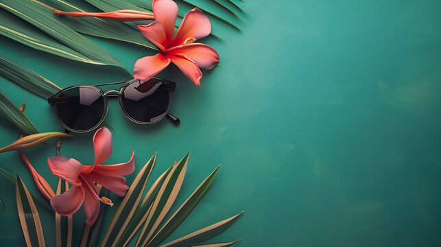 sunglasses and pink flower lay on a green background, in the style of light teal and dark orange, minimalist backgrounds, organic designs, nature-inspired pieces, dark orange and beige, innovative pag