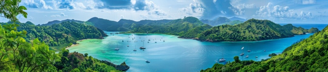 Panoramic View of a Serene Tropical Bay with Yachts and Lush Green Hills