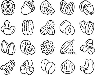 Pixel perfect icon set of nuts, peanuts, hazelnuts, walnuts, cashews, pistachios, almond, food. Thin line icons flat vector illustrations editable stroke isolated on transparent background