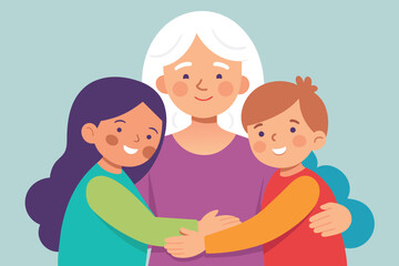 Granny and grandchildren are hugging, happy grandmother with smiling kids vector design