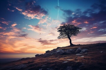 Single tree stands against a vibrant sunset sky on a rocky hilltop, evoking tranquility and solitude
