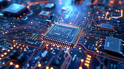 Obraz premium Computer circuit board, a computer circuit board with a blue light shining on it's side and a blue light shining on the top of it