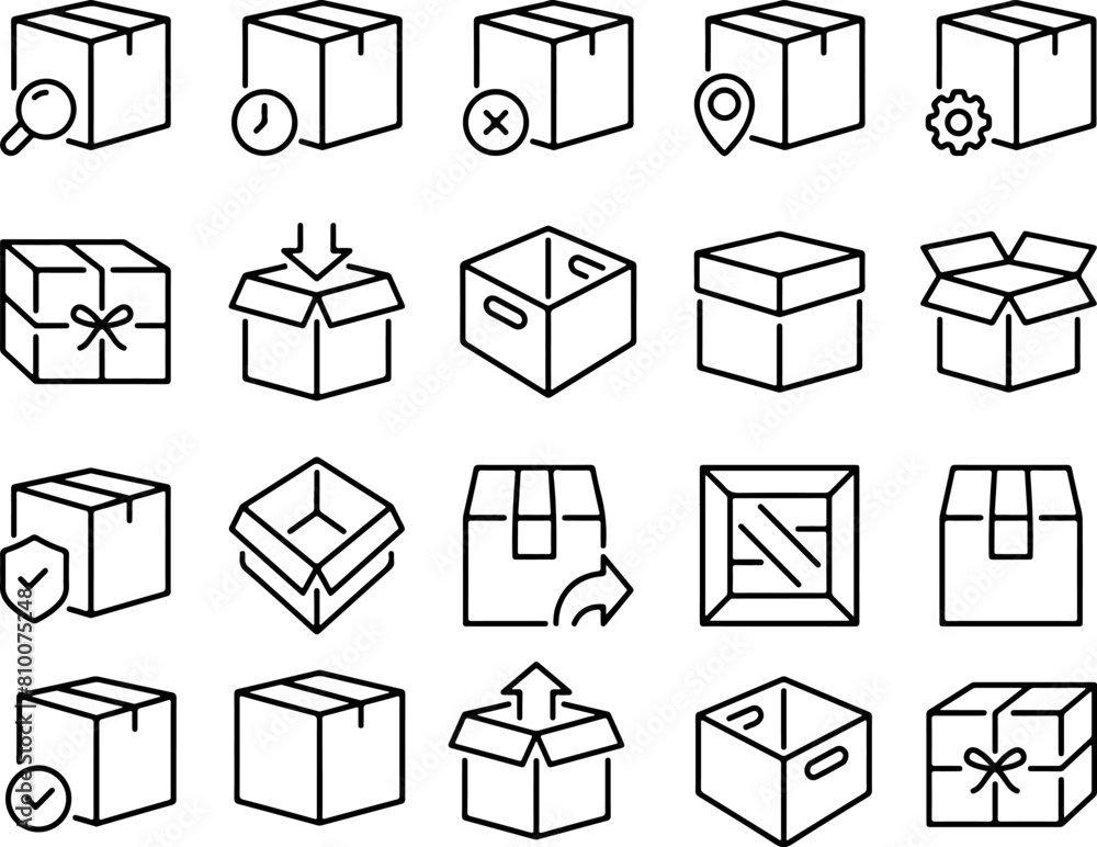Poster pixel perfect icon set of package box delivery parcel import export return distribution. thin line i