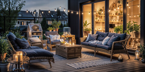 Stylish Rooftop Terrace with String Lights and City View, Evening Ambiance with Cozy Furniture. Rooftop Gathering with City Skyline Backdrop, Outdoor Lounge Area	