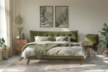Modern Bedroom Interior with Green Botanical Accents and Cozy Comfort