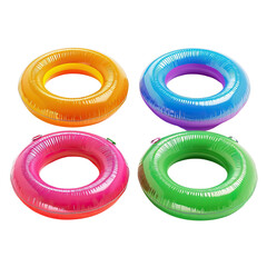 Colorful inflatable swim rings for kids and adults, available in various colors.