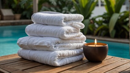 White towels stacked next to potted plants and candles next to a pool of clear water