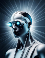 An android wearing VR goggles