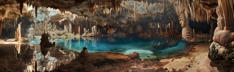 An expansive view of a large aquifer opening, with a pool of azure water surrounded by stalactites and stalagmites