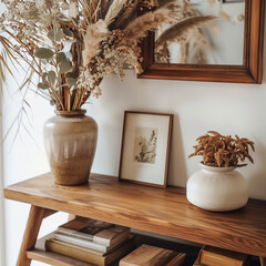 A close up of  an interior with mid century furniture and vintage side table.