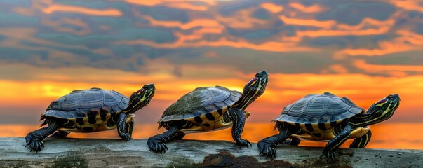 Turtle quartet against sunset sky