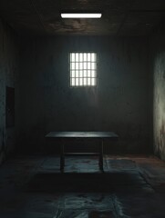 Empty table in the dark prison cell