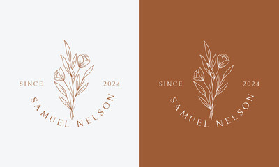 Floral element Botanical Hand Drawn Logo with Wild Flower and Leaves. Logo for spa and beauty salon, boutique, organic shop, wedding, floral designer, interior, photography, cosmetic
