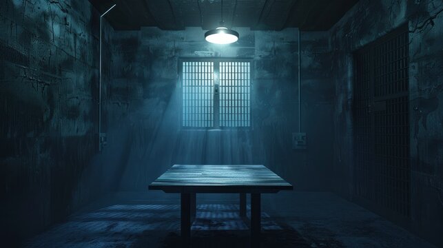 Empty table in the dark prison cell