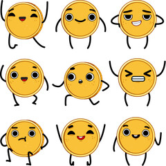 coin character set cartoon. business gold, bit work, finance cash coin character sign. isolated symbol vector illustration