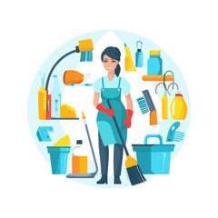 a woman stands in front of a cluttered shelf with various items including a woman and a broom