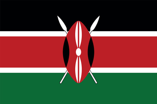 Flag of Kenya. Kenyan flag with shield and spears. State symbol of the Republic of Kenya.