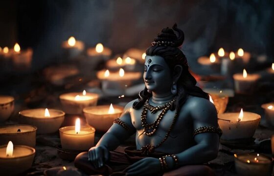 Hindu god lord Ram doing yoga meditation in a den full of candles and smoke with his eyes closed and smile on the face Generative AI