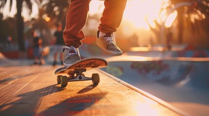 Fototapeta premium Skateboarder performing an impressive trick on a ramp at a bustling skate park