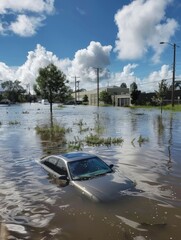 A car was half submerged in water during a flood.