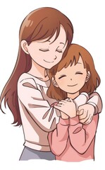Japanese anime cartoon art of a cute girl is hugging her mother on white background