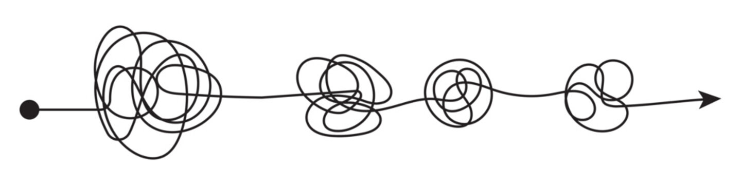 Complex and easy simple way from start to end. Chaos simplifying, problem solving and business solution searching challenge concept. Hand drawn doodle scribble chaos path lines. Arrows set. 