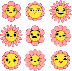 flower character set cartoon. funny comic, trendy sticker, spring floral flower character sign. isolated symbol vector illustration