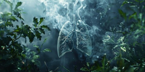 A pair of transparent lungs floating in the air, surrounded by green plants and misty atmosphere