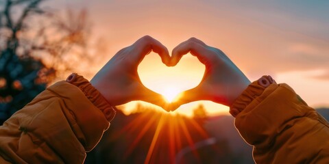 A person making the heart shape with their hands against sunset background