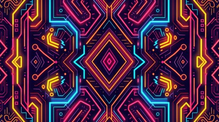 Eye-catching neon patterns featuring abstract elements arranged in intricate formations on white