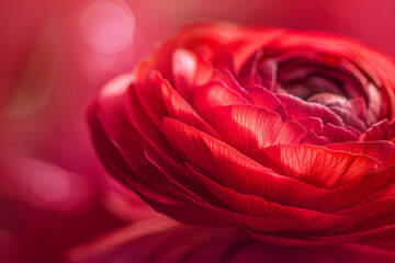 Naklejka premium Macro shot of of a single beautiful red ranunculus. Visible petal structure. Bright patterns of one flower bud