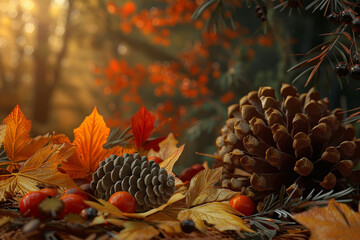 autumn leaves and cones