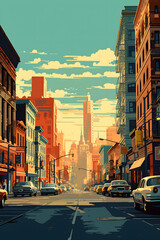 illustrated vintage sunset in the big city, big city during sunset illustration vintage style, golden hour in the big city vintage style illustrated