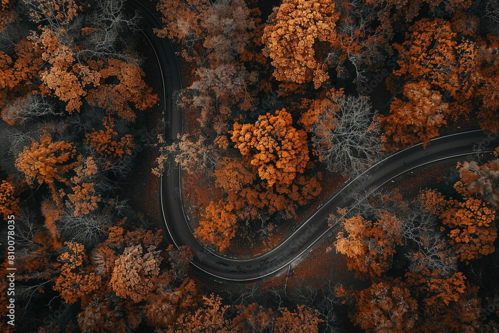 Wall mural autumn forest road, shot from above