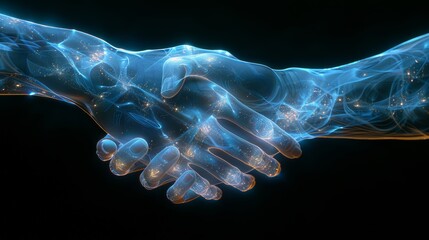 Conceptual 3d illustration of a sparkling digital handshake on a dark background, symbolizing connectivity
