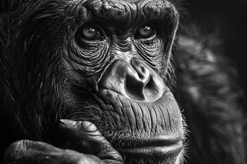 closeup black and white portrait of chimpanzee  