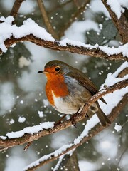 Fototapeta premium Little bird on the tree branch in winter Generative Ai