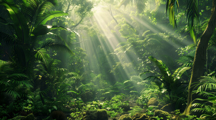 A dense, lush rainforest with sunlight filtering through the canopy. The forest is filled with exotic plants and trees