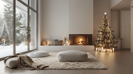 A cozy living room with a fireplace and a Christmas tree. The room is decorated with candles and a white rug