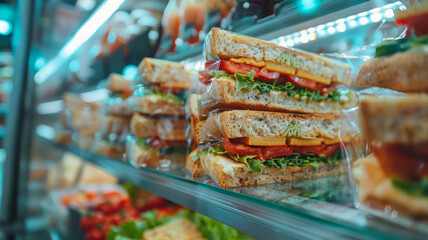 Sandwiches in a deli display fridge.
