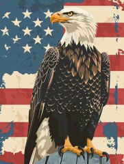 The bald eagle perched on the top of an american flag.
