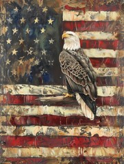 The bald eagle perched on the top of an american flag.