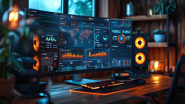 A professional digital marketing setting with a large monitor displaying detailed analytics of a successful digital campaign, including web traffic growth and user engagement statistics.