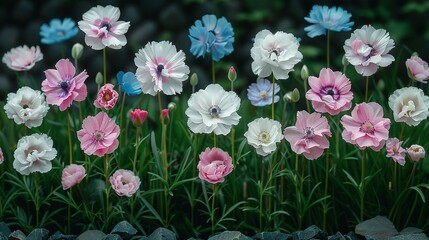   A cluster of roses in shades of pink and white amidst a collection of blue and pink blooms on a lush green lawn