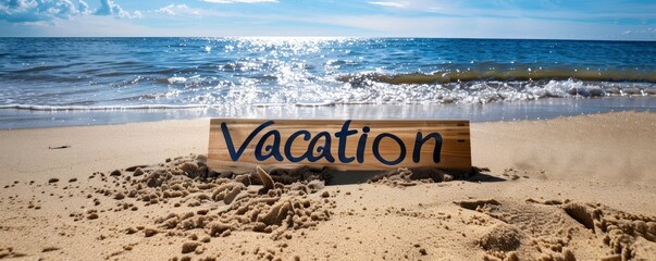 The word Vacation written in the sand on the beach, with a blue sea and sky background on a sunny day.