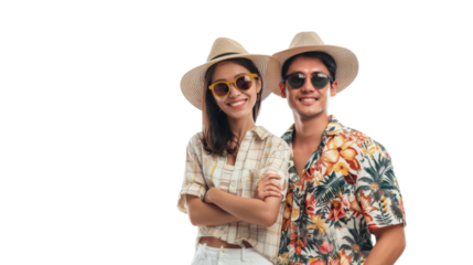 Attractive asian couple in summer vacation outfit isolated on white background , png transparent
