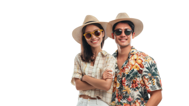 Attractive asian couple in summer vacation outfit isolated on white background , png transparent - Powered by Adobe
