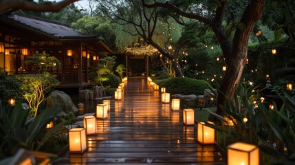 A walkway lit with candles and lanterns leading to a house