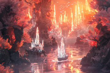 A ghost ship sailing on a river of lava through a jungle full of crystal trees